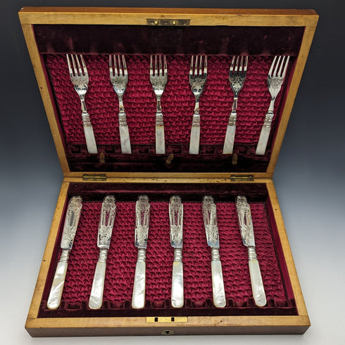 Around 1890 British Antique White Pearl Shell Handle Cutlery 6 Pair Set in Wooden Box Joseph Elliot